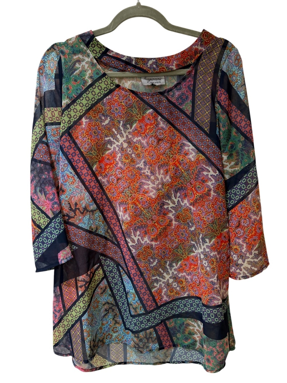 Lynn Ritchie Silver Multicolor Patchwork Floral Tunic - size small